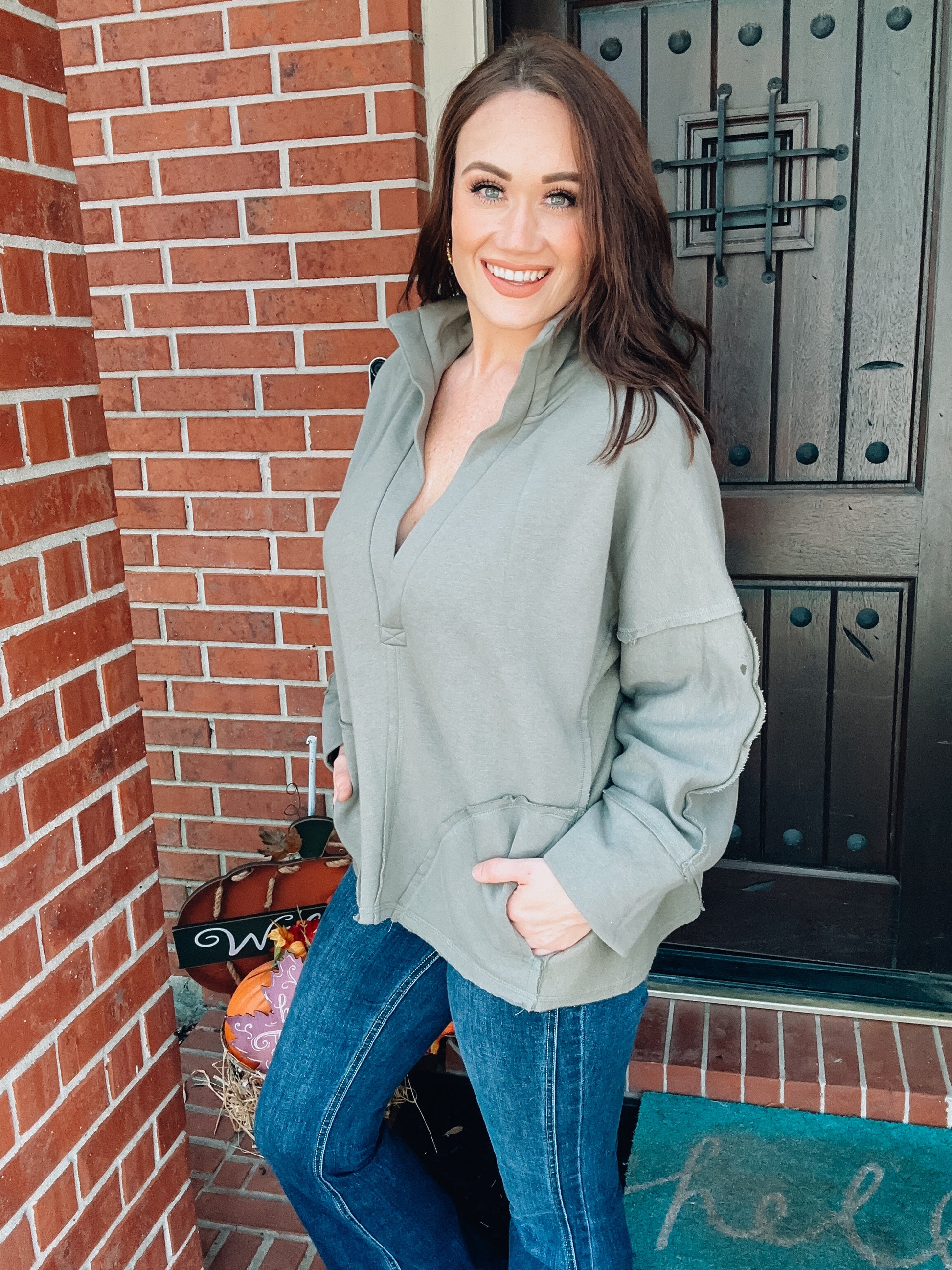 V-Neck Dolman Sleeve Pullover - Olive - Southern Divas Boutique