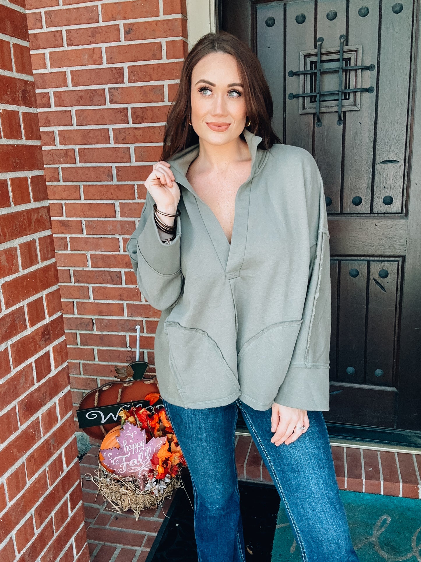 V-Neck Dolman Sleeve Pullover - Olive - Southern Divas Boutique