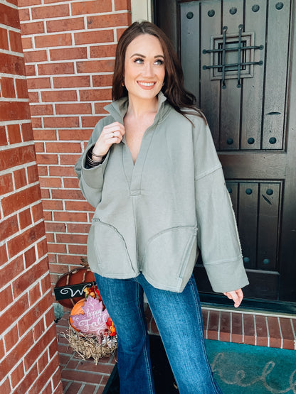 V-Neck Dolman Sleeve Pullover - Olive - Southern Divas Boutique