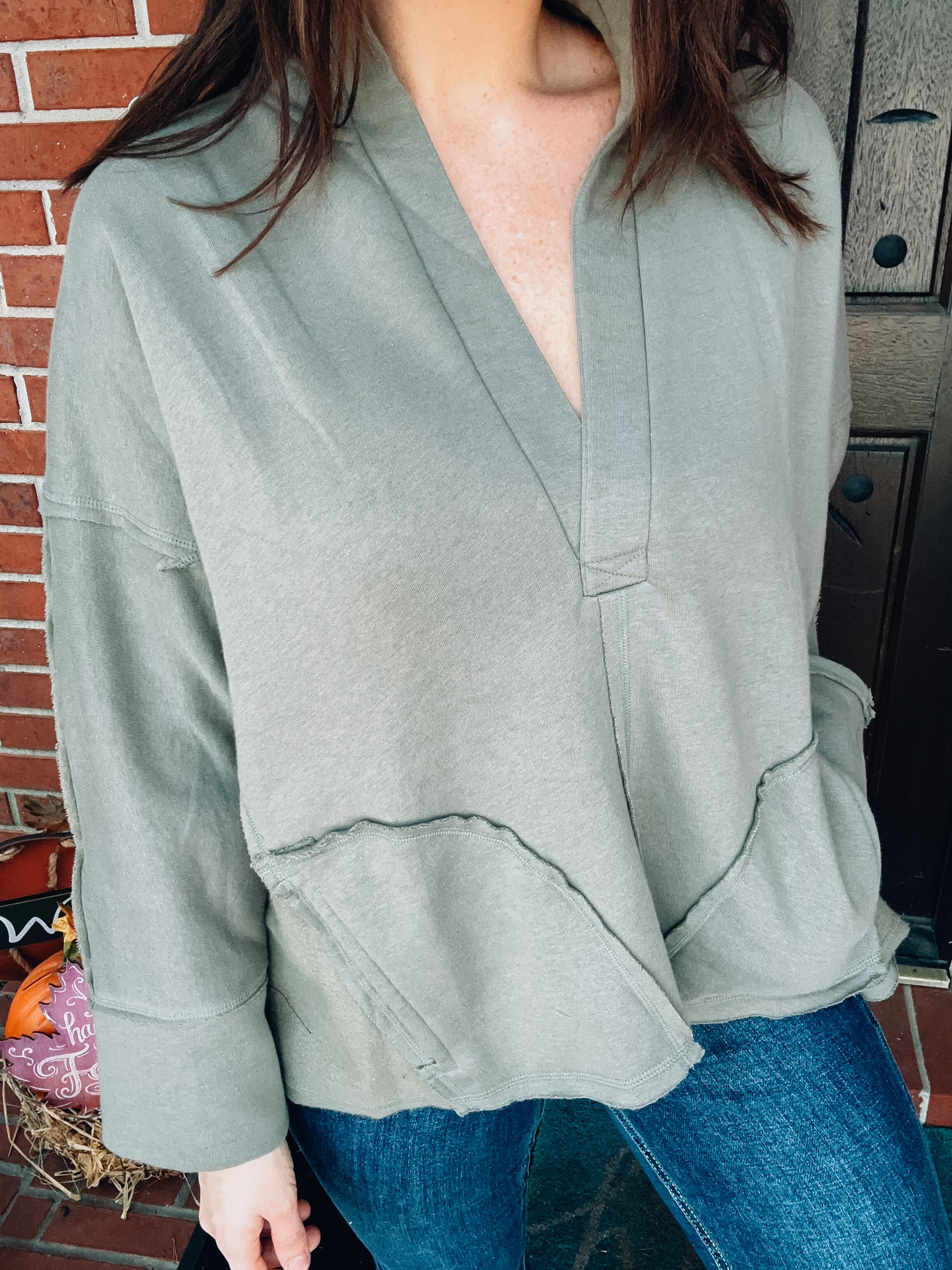 V-Neck Dolman Sleeve Pullover - Olive - Southern Divas Boutique