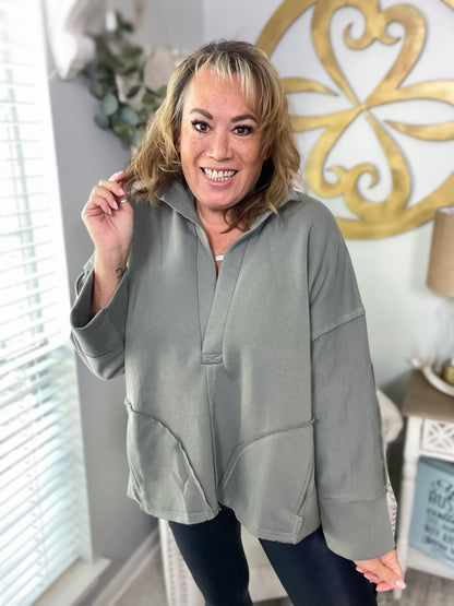 V-Neck Dolman Sleeve Pullover - Olive - Southern Divas Boutique