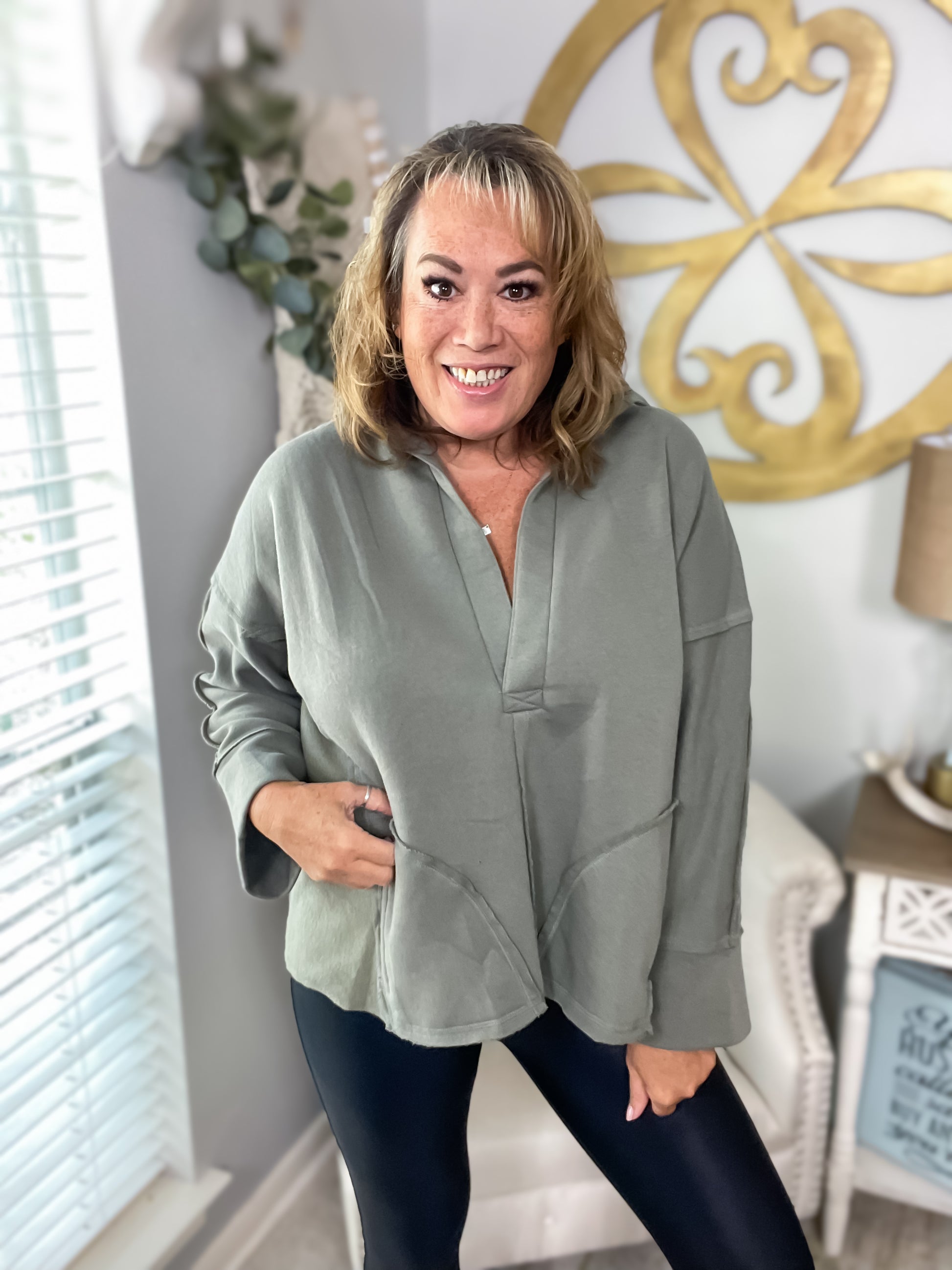 V-Neck Dolman Sleeve Pullover - Olive - Southern Divas Boutique