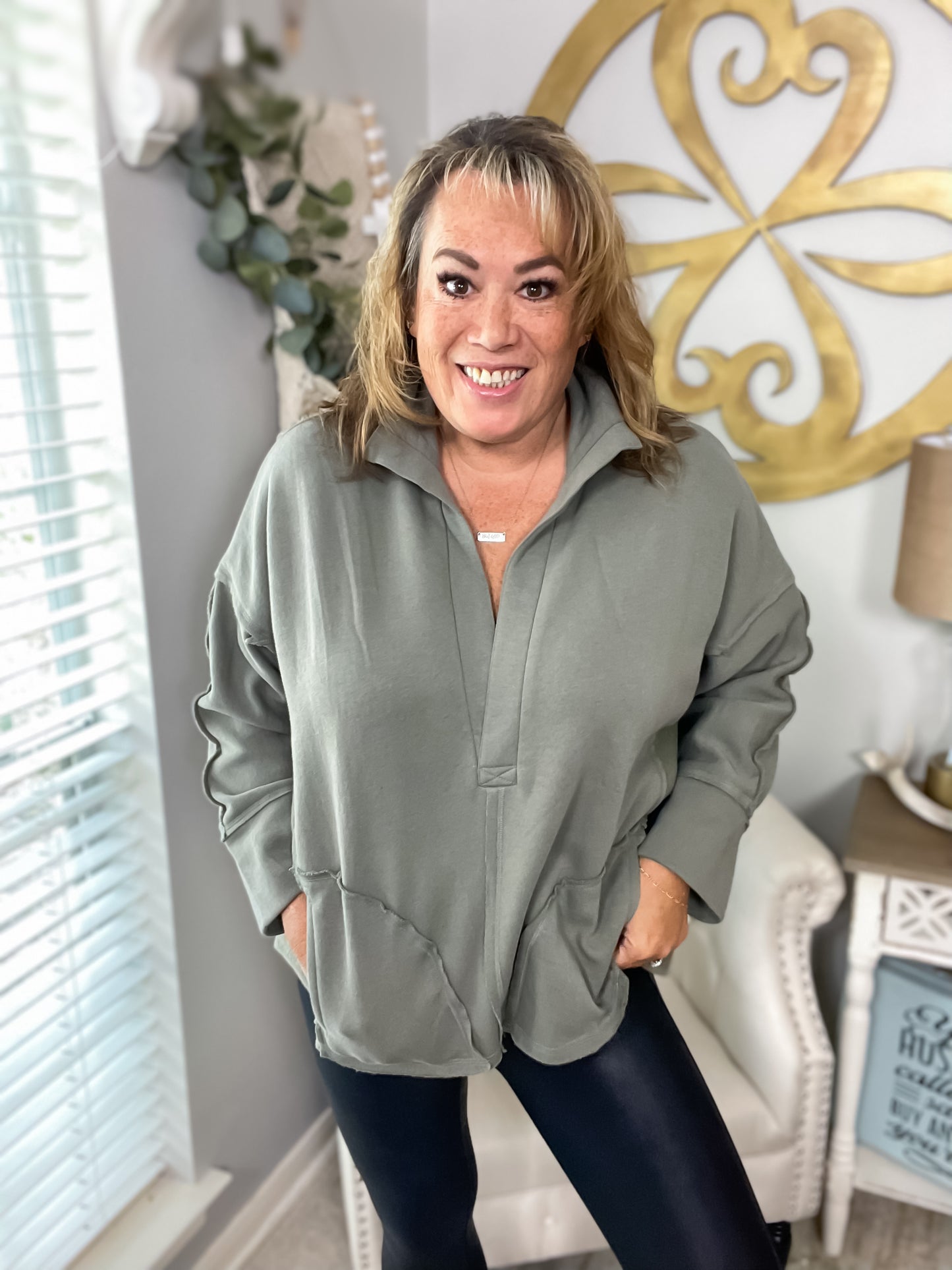 V-Neck Dolman Sleeve Pullover - Olive - Southern Divas Boutique