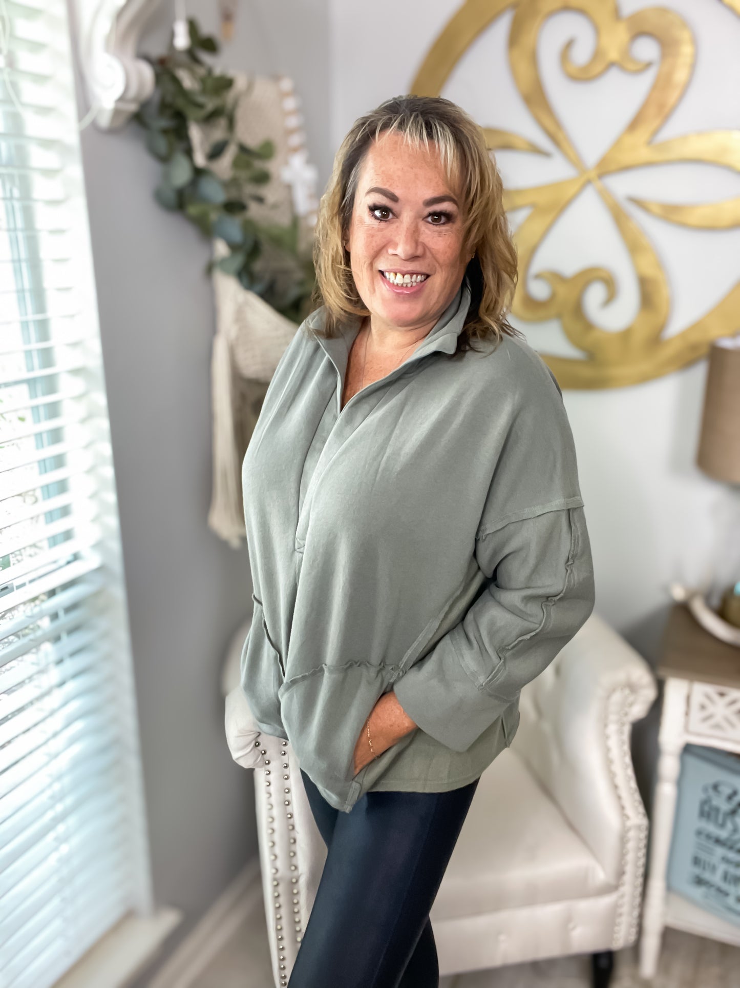 V-Neck Dolman Sleeve Pullover - Olive - Southern Divas Boutique