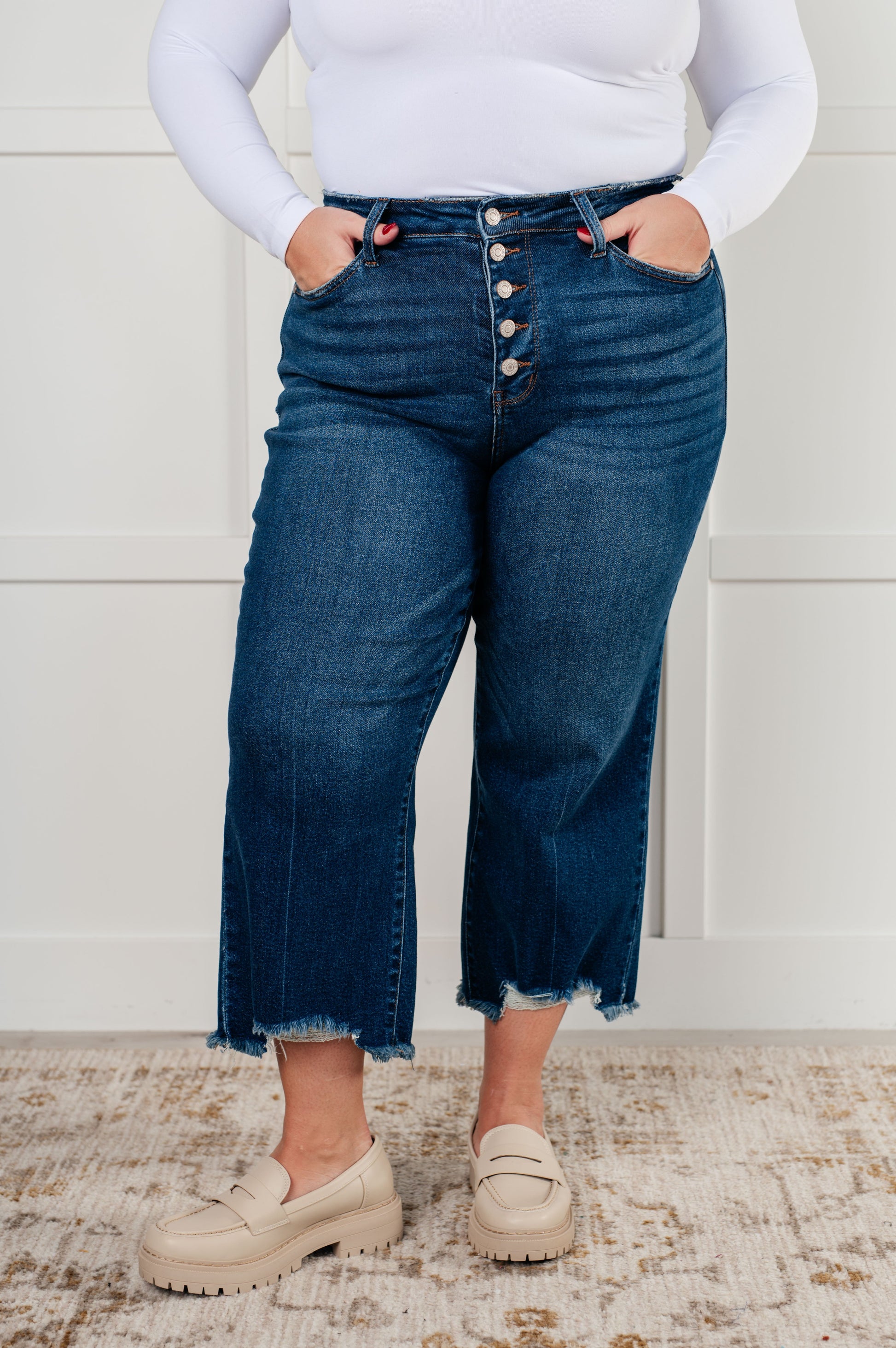 Janice High Rise Button Fly Wide Leg Crop Jeans - Southern Divas Boutique